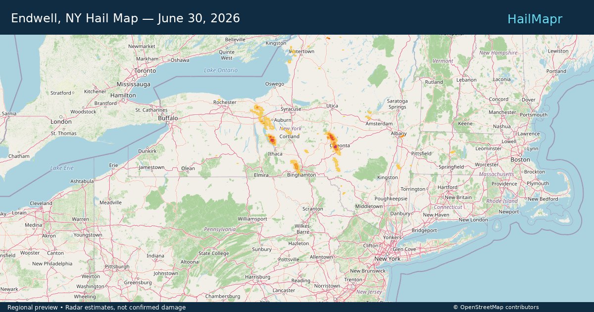 Endwell, NY Hail Map — June 30, 2026 — regional heatmap and storm polygons