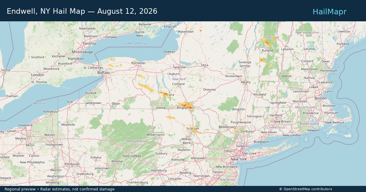 Endwell, NY Hail Map — August 12, 2026 — regional heatmap and storm polygons