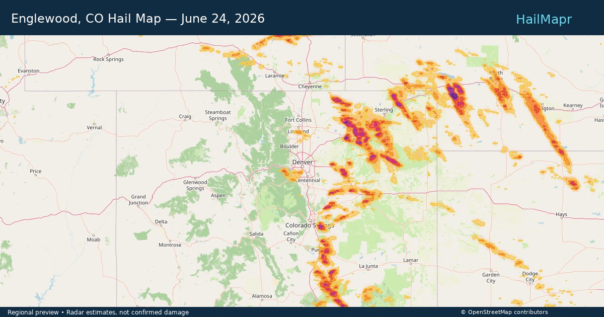 Englewood, CO Hail Map — June 24, 2026 — regional heatmap and storm polygons