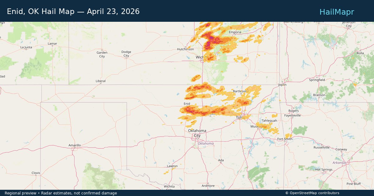 Enid, OK Hail Map — April 23, 2026 — regional heatmap and storm polygons