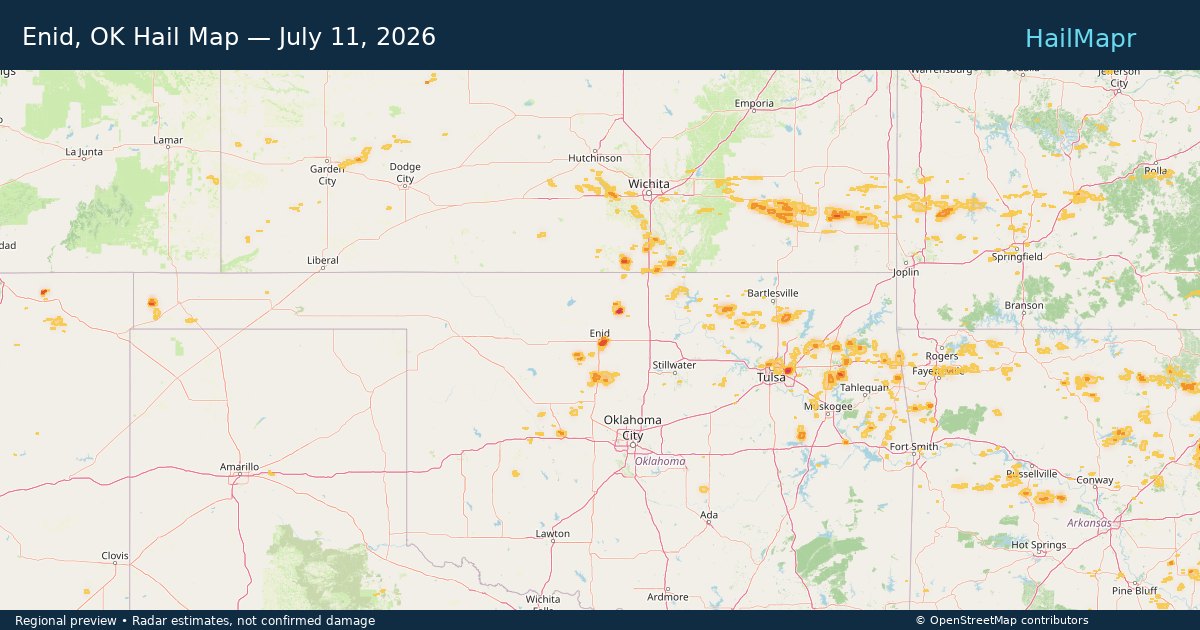 Enid, OK Hail Map — July 11, 2026 — regional heatmap and storm polygons