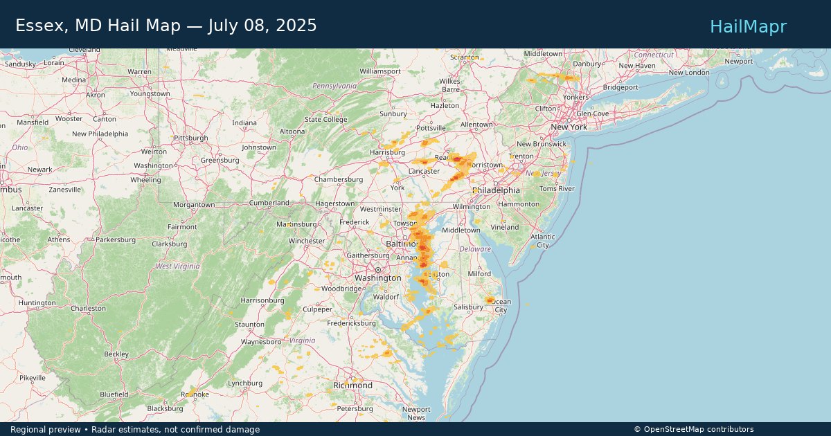 Essex, MD Hail Map — July 08, 2025 — regional heatmap and storm polygons