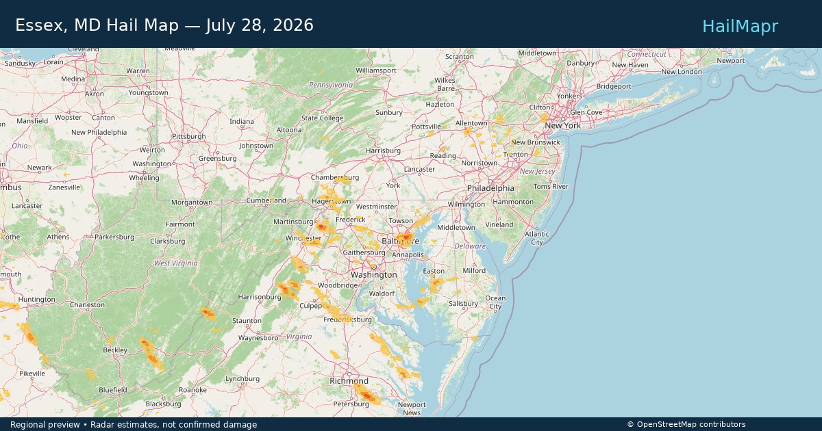Essex, MD Hail Map — July 28, 2026 — regional heatmap and storm polygons