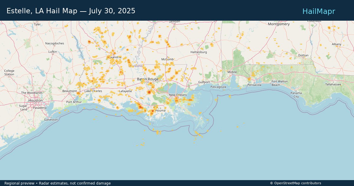 Estelle, LA Hail Map — July 30, 2025 — regional heatmap and storm polygons