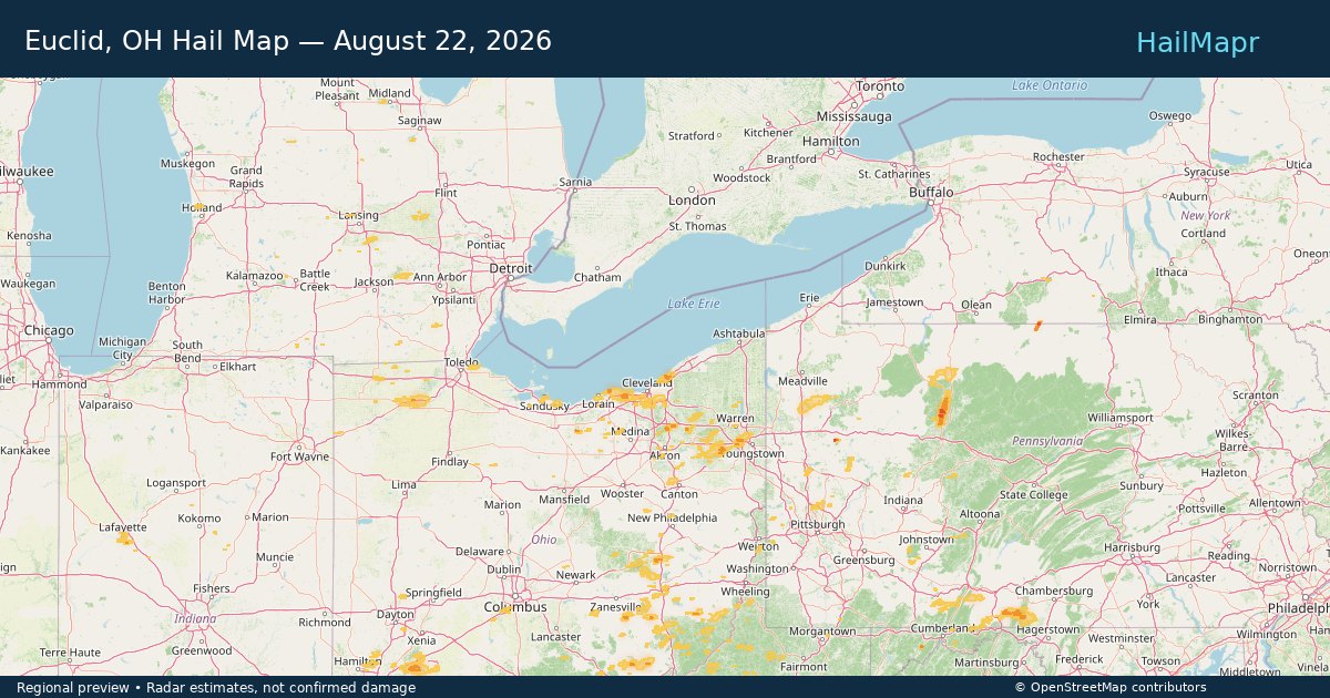 Euclid, OH Hail Map — August 22, 2026 — regional heatmap and storm polygons