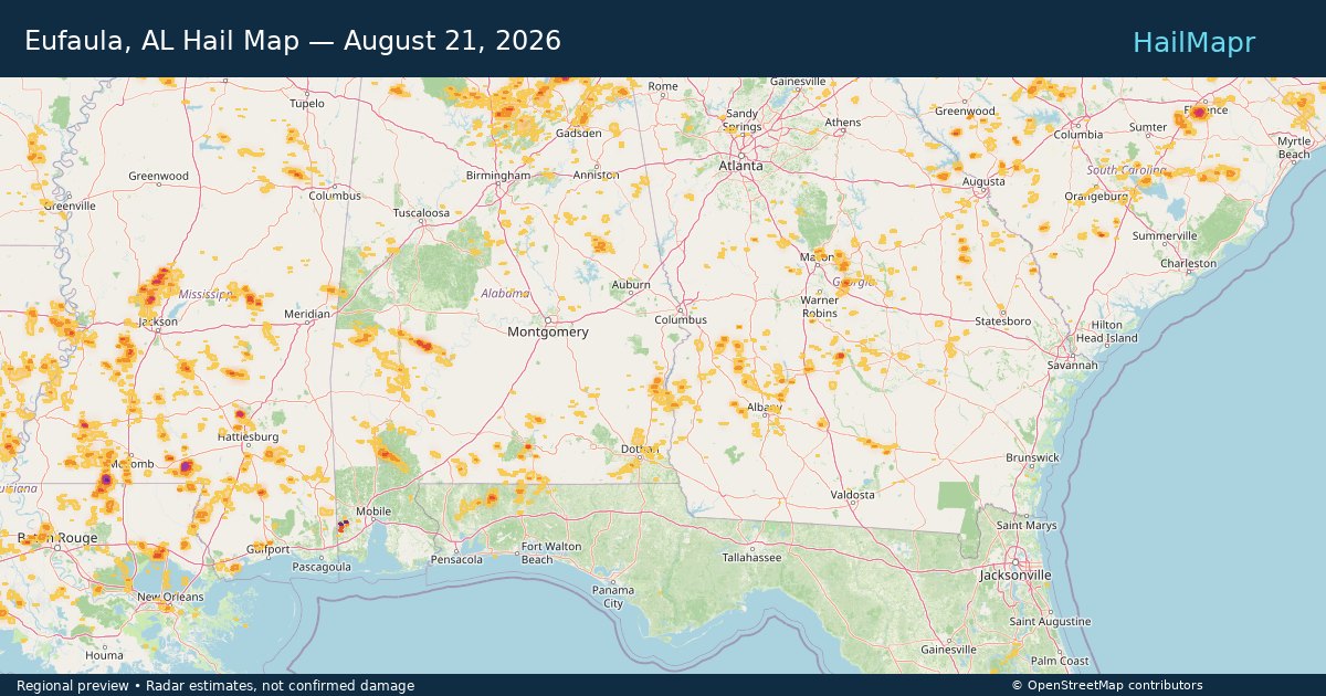 Eufaula, AL Hail Map — August 21, 2026 — regional heatmap and storm polygons