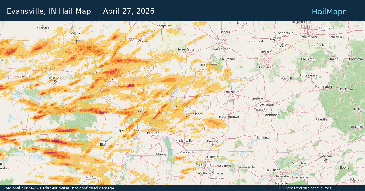 Evansville, IN Hail Map — April 27, 2026 — regional heatmap and storm polygons