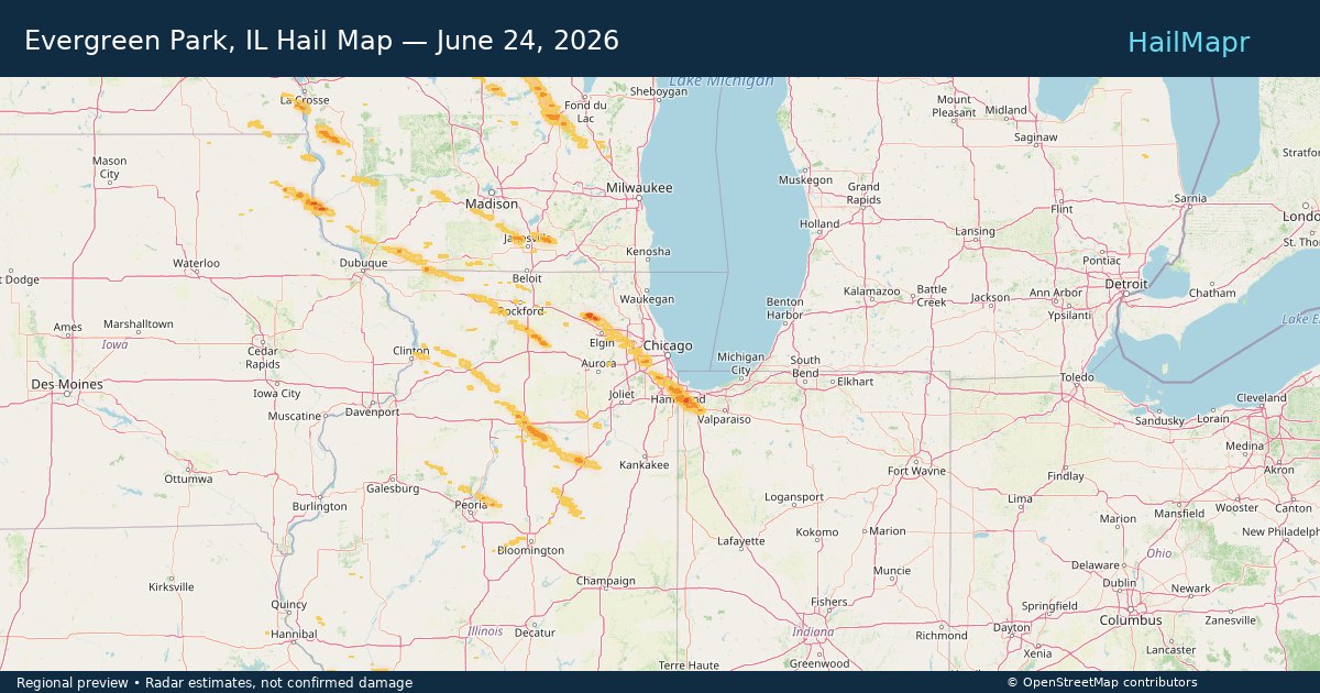 Evergreen Park, IL — June 24, 2026 — regional hail footprint preview