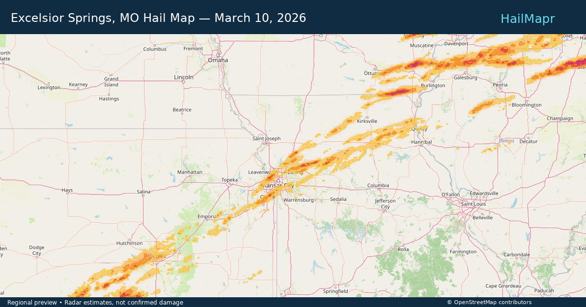 Excelsior Springs, MO Hail Map — March 10, 2026 — regional heatmap and storm polygons