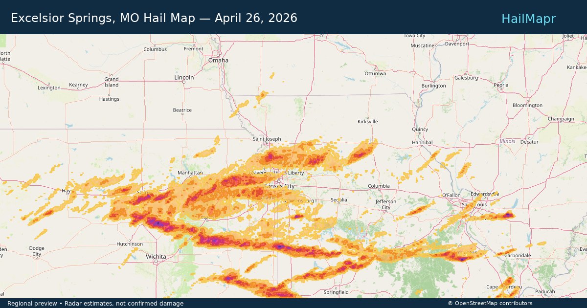 Excelsior Springs, MO Hail Map — April 26, 2026 — regional heatmap and storm polygons
