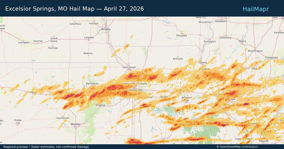 Excelsior Springs, MO Hail Map — April 27, 2026 — regional heatmap and storm polygons