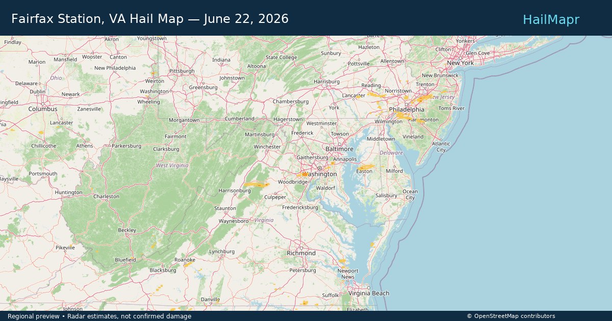 Fairfax Station, VA Hail Map — June 22, 2026 — regional heatmap and storm polygons