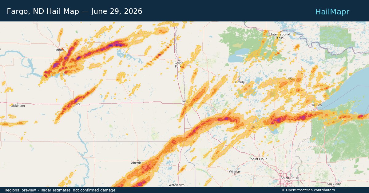 Fargo, ND Hail Map — June 29, 2026 — regional heatmap and storm polygons