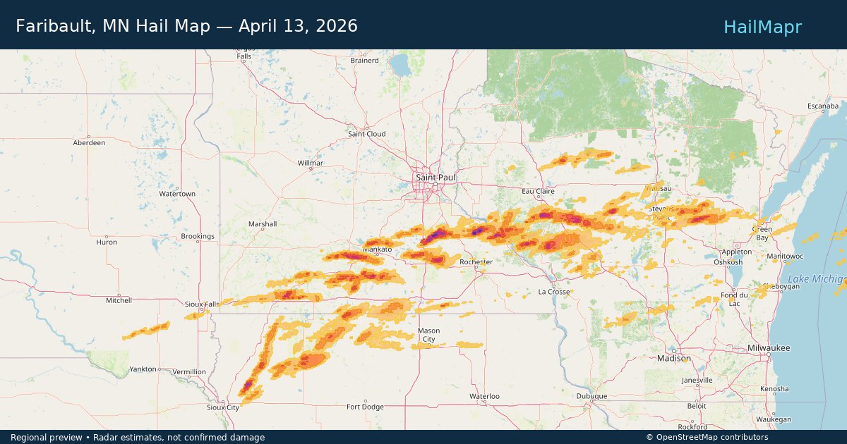 Faribault, MN Hail Map — April 13, 2026 — regional heatmap and storm polygons