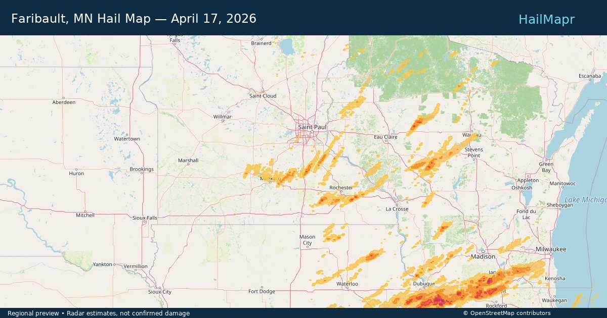 Faribault, MN Hail Map — April 17, 2026 — regional heatmap and storm polygons