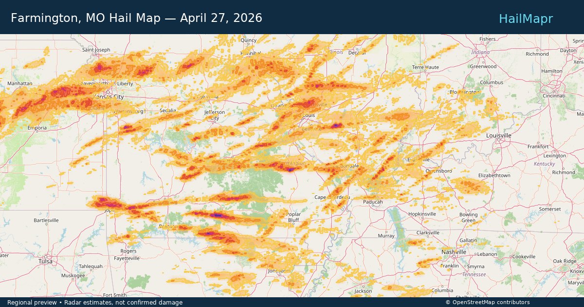 Farmington, MO Hail Map — April 27, 2026 — regional heatmap and storm polygons