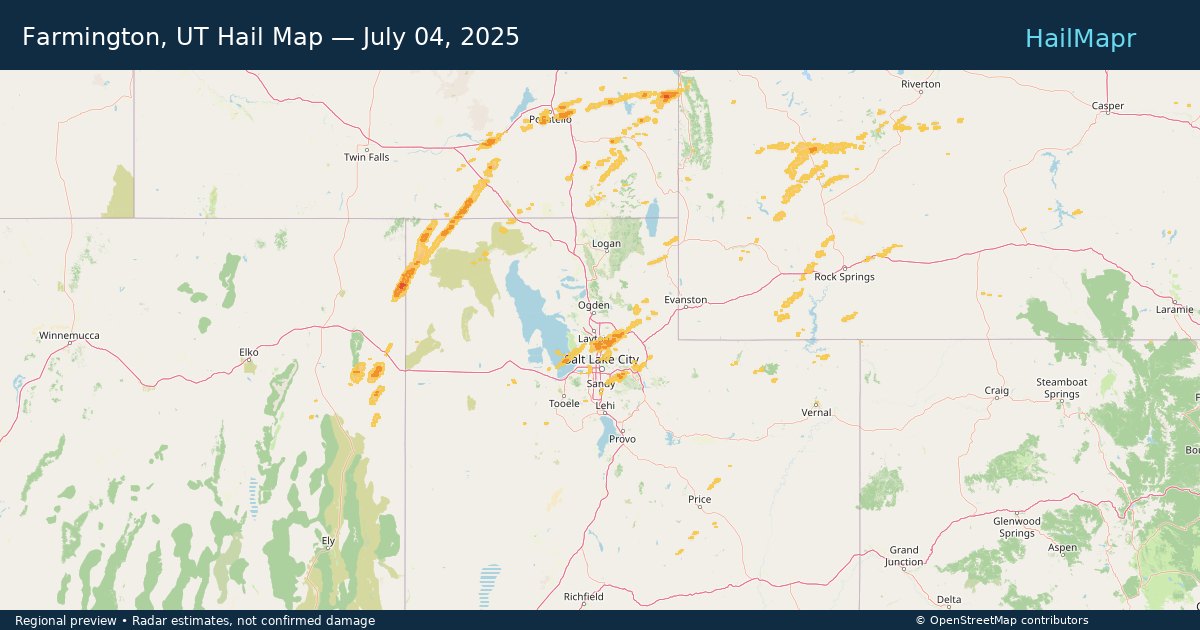Farmington, UT Hail Map — July 04, 2025 — regional heatmap and storm polygons