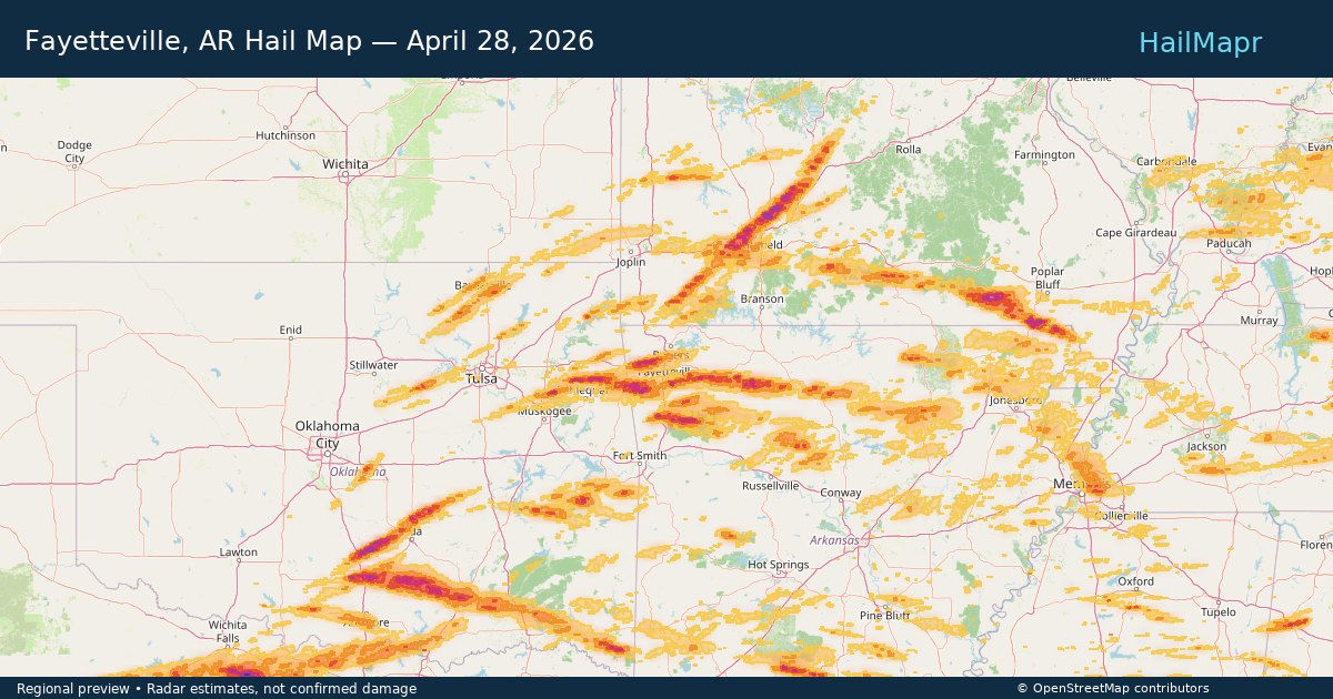 Fayetteville, AR Hail Map — April 28, 2026 — regional heatmap and storm polygons