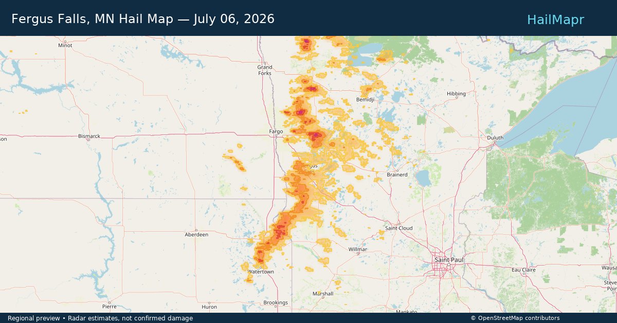Fergus Falls, MN Hail Map — July 06, 2026 — regional heatmap and storm polygons