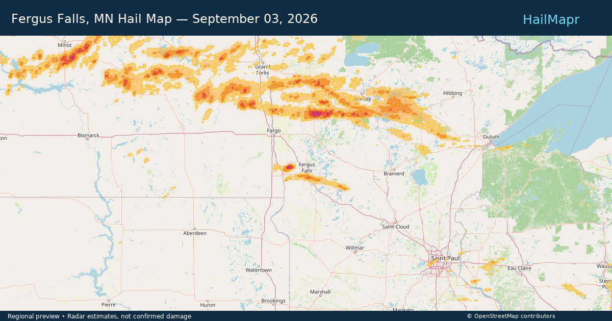 Fergus Falls, MN Hail Map — September 03, 2026 — regional heatmap and storm polygons
