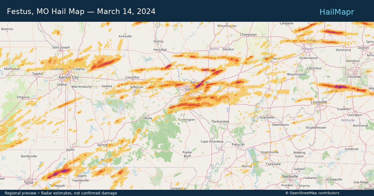 Festus, MO Hail Map — March 14, 2024 — regional heatmap and storm polygons