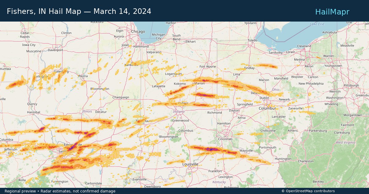 Fishers, IN Hail Map — March 14, 2024 — regional heatmap and storm polygons