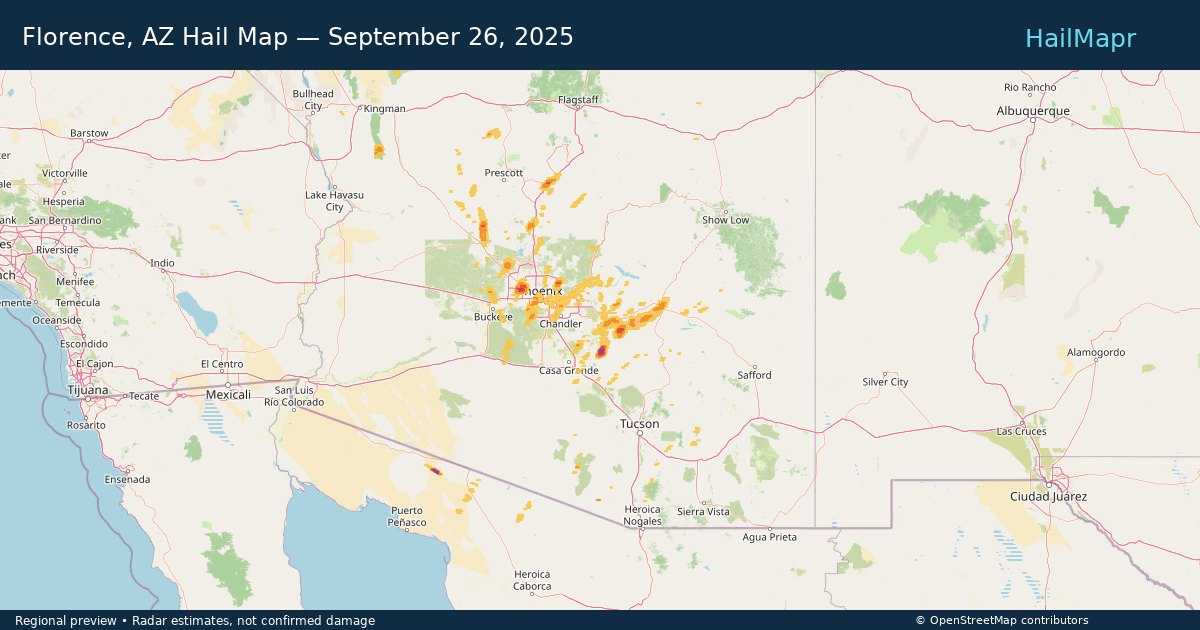 Florence, AZ — September 26, 2025 — regional hail footprint preview