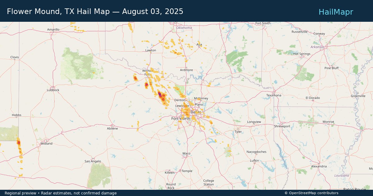 Flower Mound, TX Hail Map — August 03, 2025 — regional heatmap and storm polygons