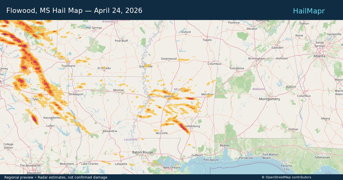Flowood, MS Hail Map — April 24, 2026 — regional heatmap and storm polygons