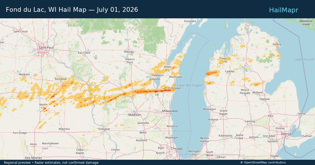 Fond du Lac, WI Hail Map — July 01, 2026 — regional heatmap and storm polygons