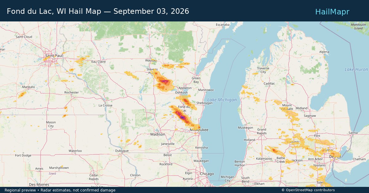 Fond du Lac, WI Hail Map — September 03, 2026 — regional heatmap and storm polygons
