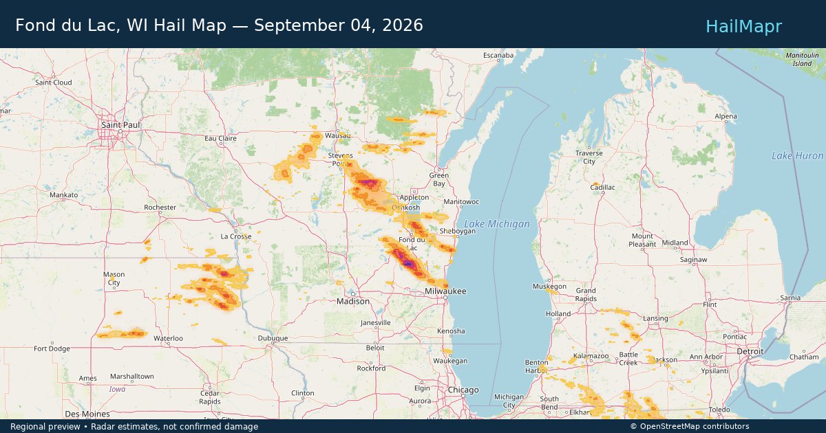 Fond du Lac, WI Hail Map — September 04, 2026 — regional heatmap and storm polygons