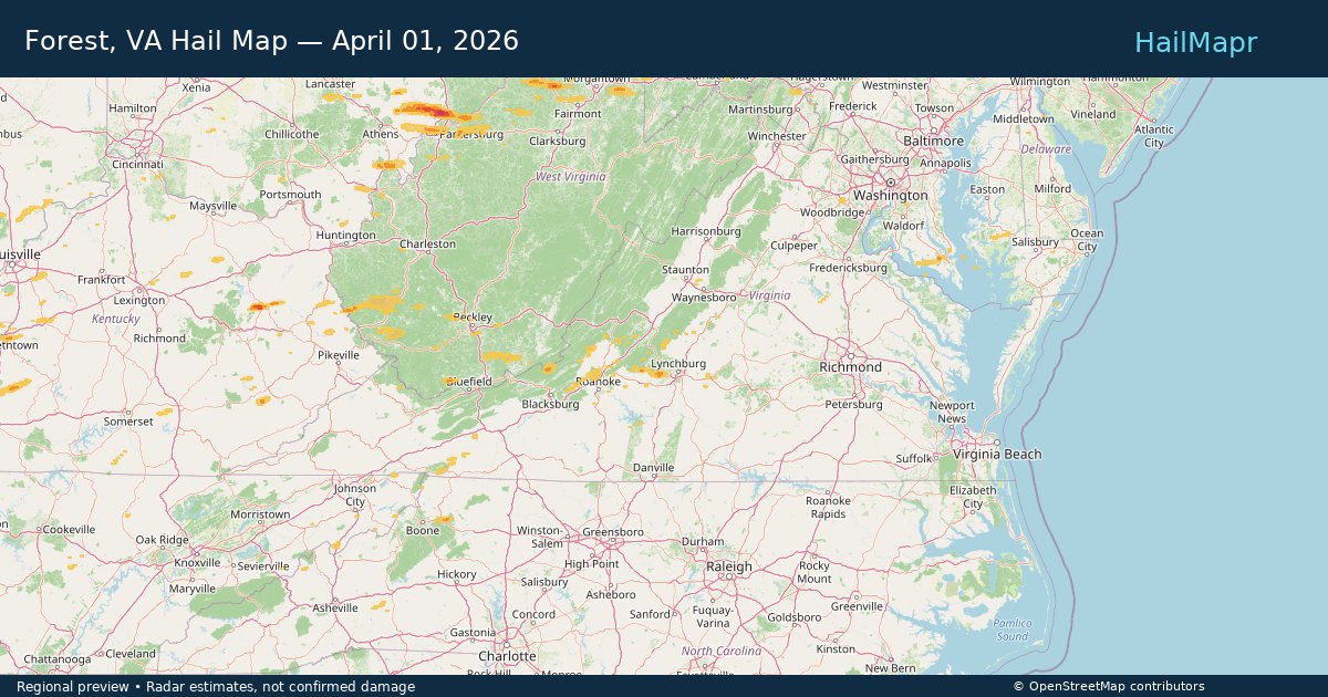 Forest, VA Hail Map — April 01, 2026 — regional heatmap and storm polygons