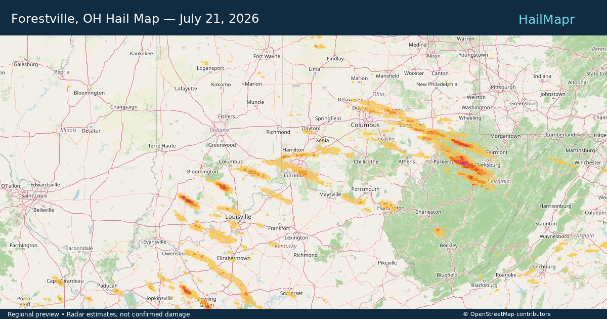 Forestville, OH — July 21, 2026 — regional hail footprint preview