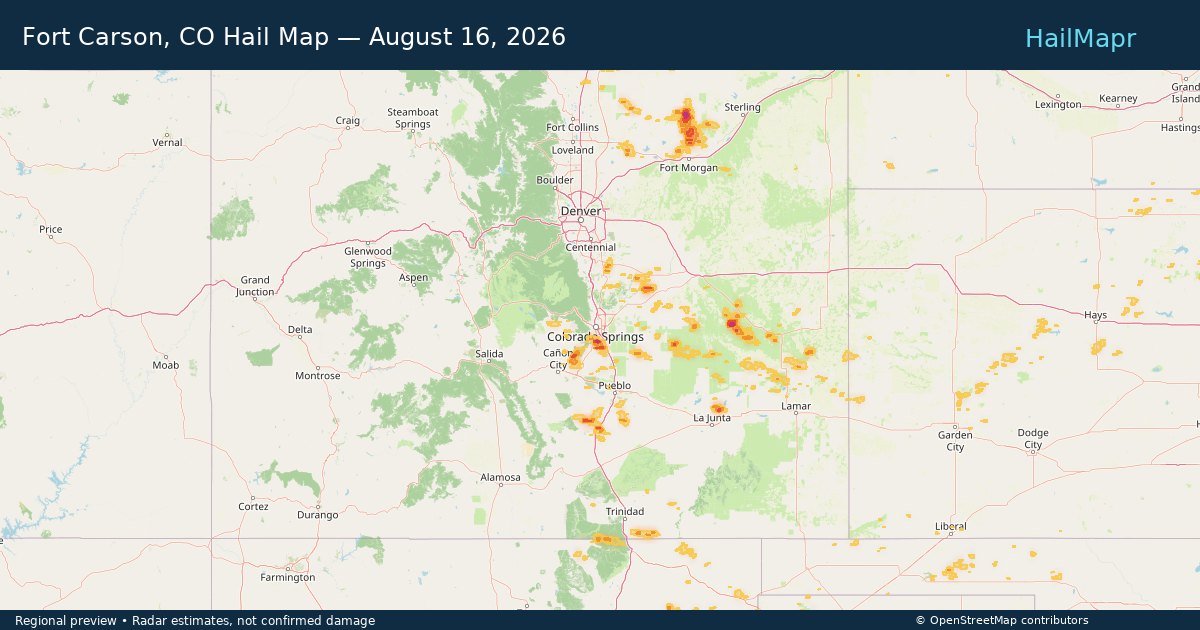 Fort Carson, CO Hail Map — August 16, 2026 — regional heatmap and storm polygons