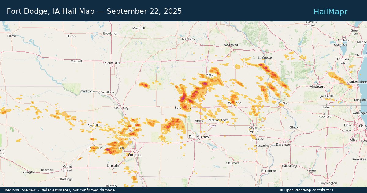 Fort Dodge, IA Hail Map — September 22, 2025 — regional heatmap and storm polygons