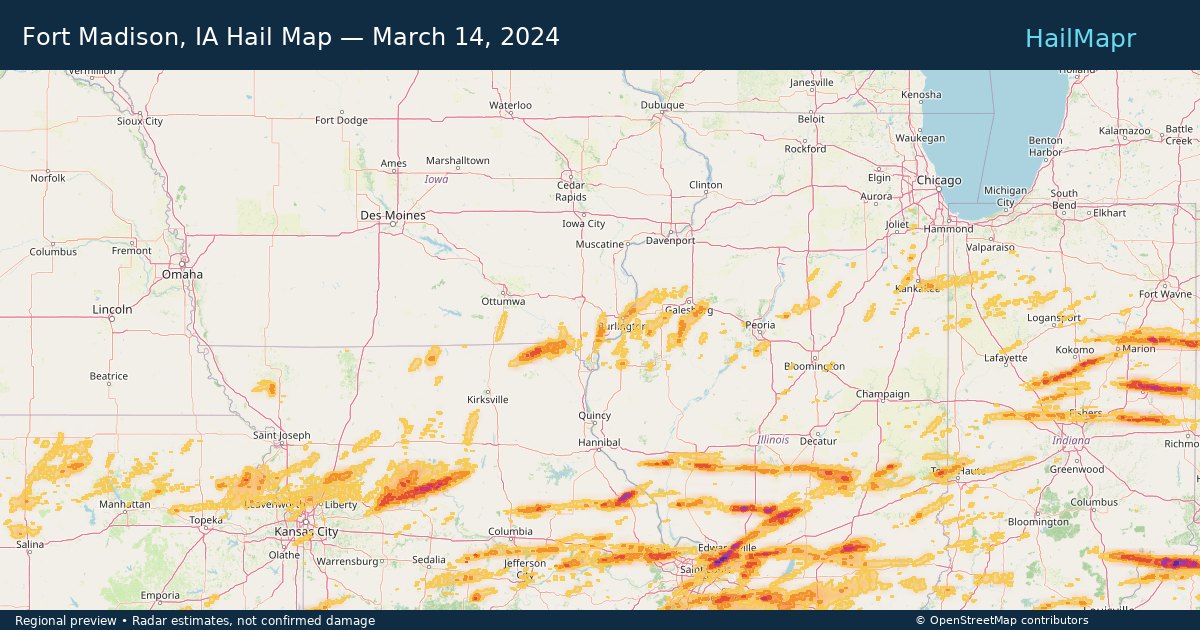 Fort Madison, IA Hail Map — March 14, 2024 — regional heatmap and storm polygons