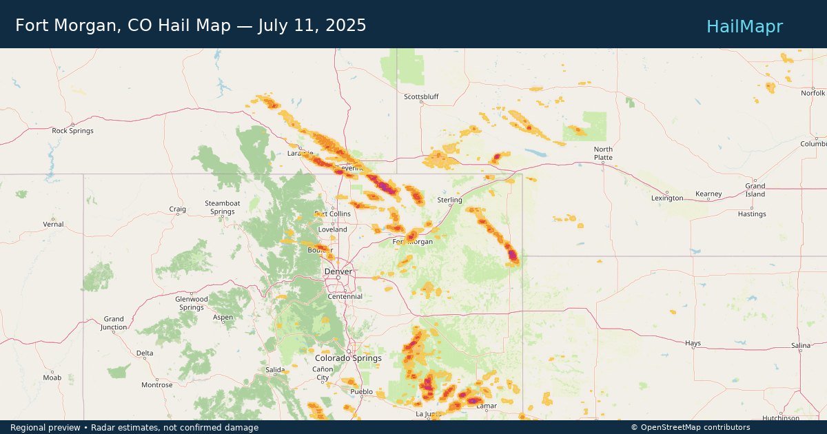 Fort Morgan, CO Hail Map — July 11, 2025 — regional heatmap and storm polygons