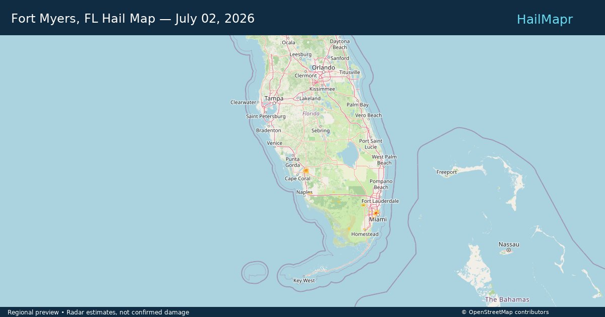 Fort Myers, FL Hail Map — July 02, 2026 — regional heatmap and storm polygons