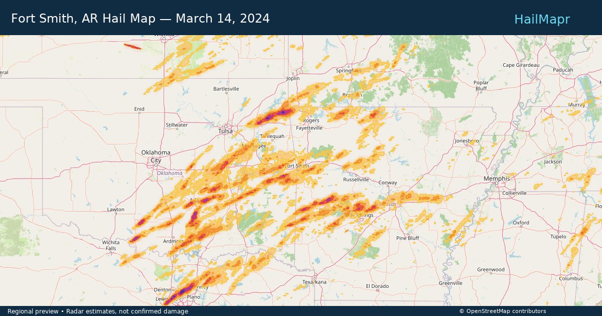 Fort Smith, AR Hail Map — March 14, 2024 — regional heatmap and storm polygons