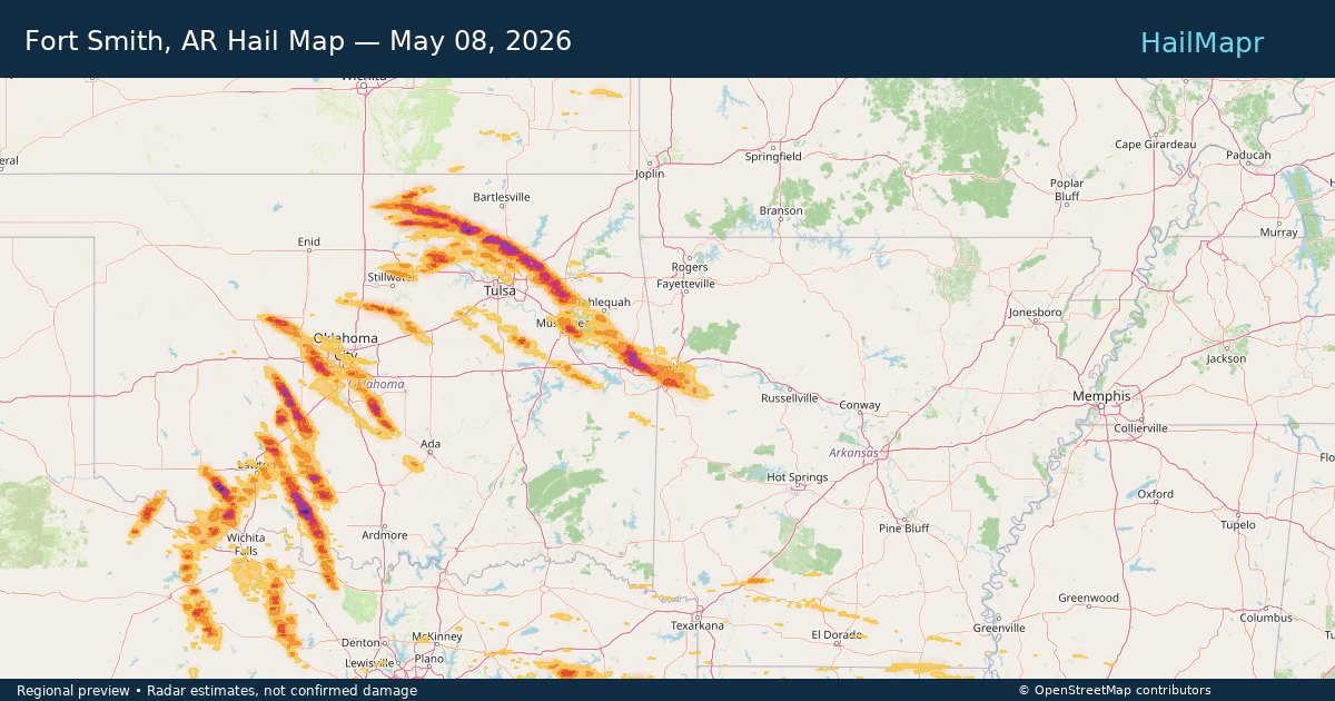Fort Smith, AR Hail Map — May 08, 2026 — regional heatmap and storm polygons