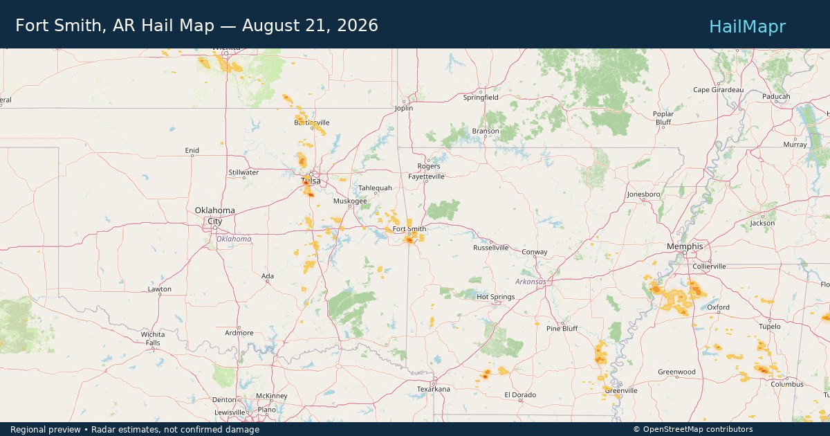 Fort Smith, AR Hail Map — August 21, 2026 — regional heatmap and storm polygons