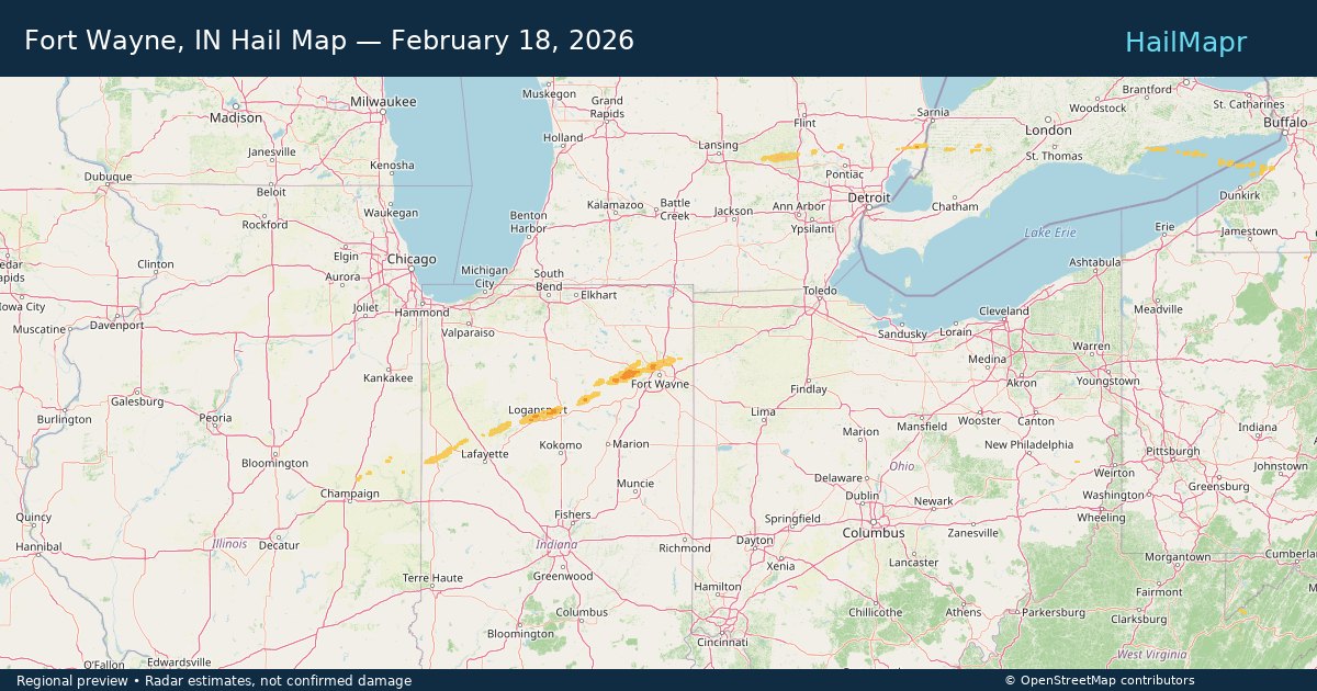 Fort Wayne, IN Hail Map — February 18, 2026 — regional heatmap and storm polygons