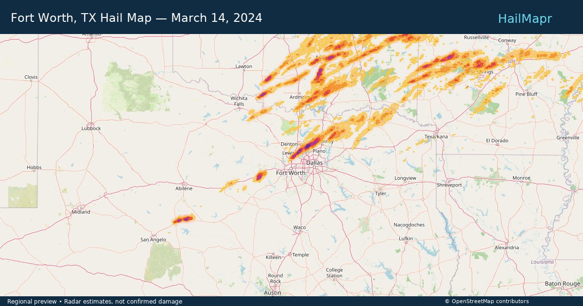 Fort Worth, TX Hail Map — March 14, 2024 — regional heatmap and storm polygons