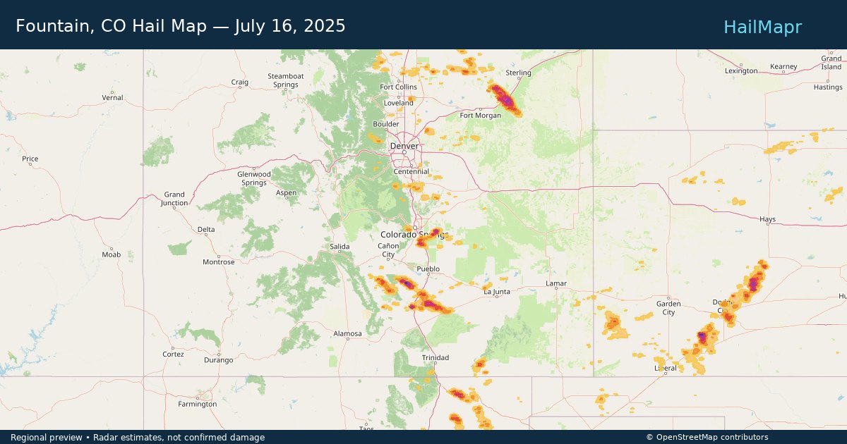 Fountain, CO Hail Map — July 16, 2025 — regional heatmap and storm polygons