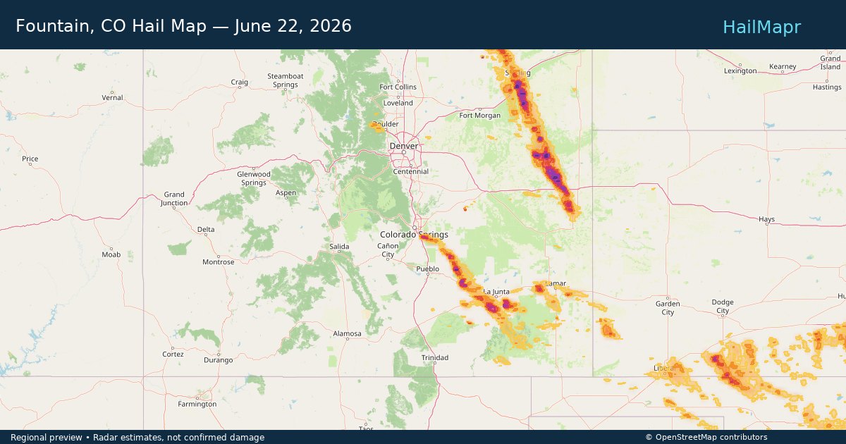 Fountain, CO Hail Map — June 22, 2026 — regional heatmap and storm polygons