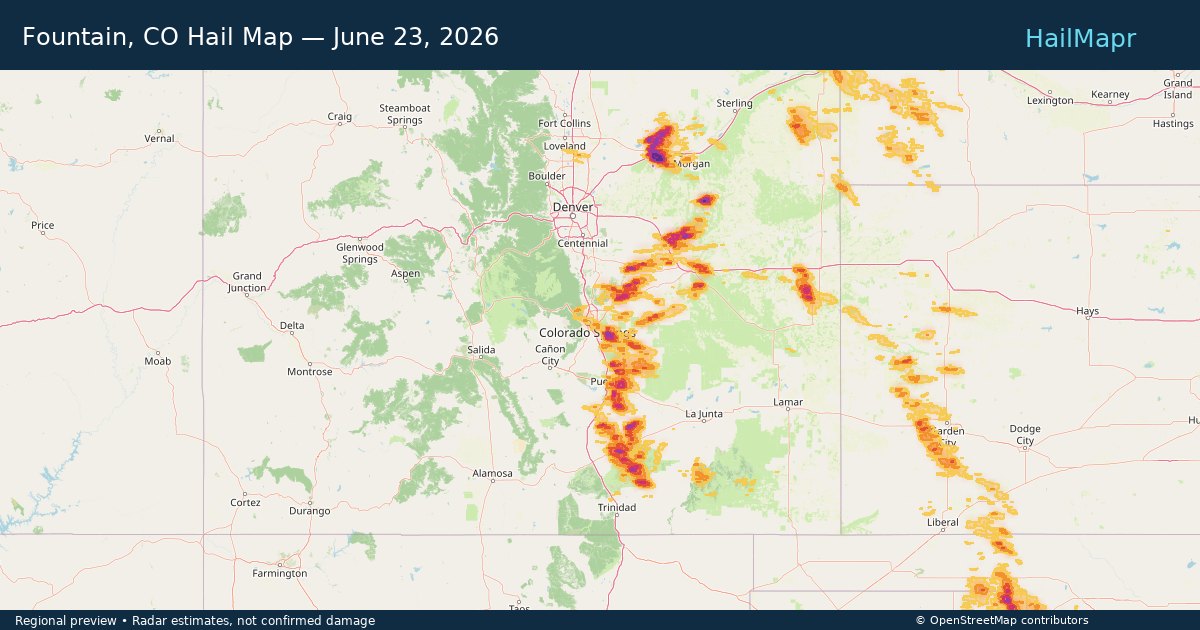 Fountain, CO Hail Map — June 23, 2026 — regional heatmap and storm polygons