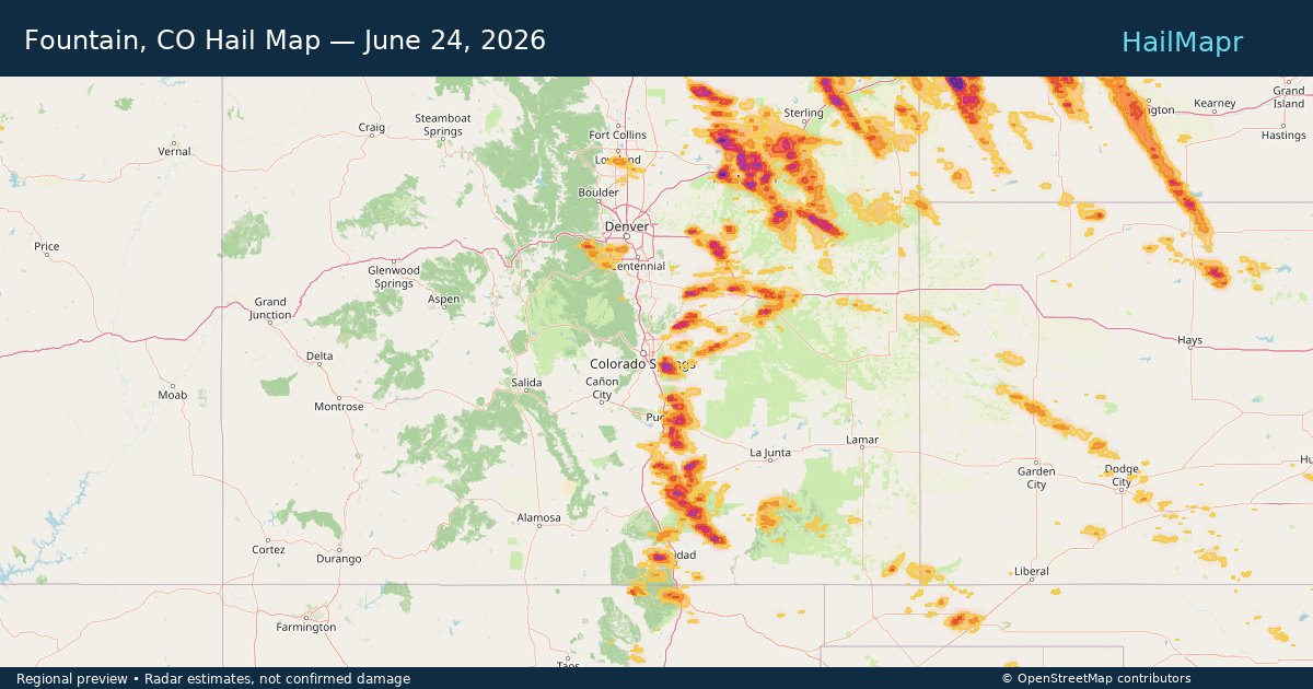 Fountain, CO Hail Map — June 24, 2026 — regional heatmap and storm polygons
