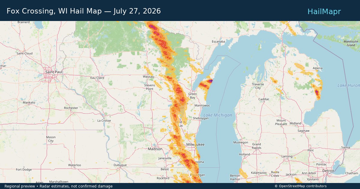 Fox Crossing, WI Hail Map — July 27, 2026 — regional heatmap and storm polygons