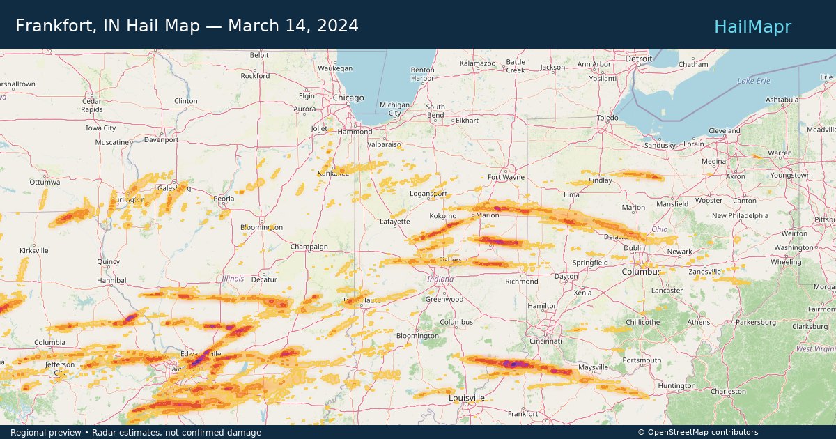 Frankfort, IN Hail Map — March 14, 2024 — regional heatmap and storm polygons